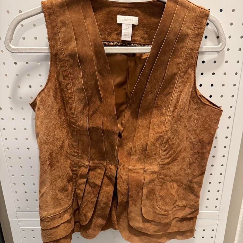 Chico’s Genuine Suede Leather Ruffle Vest Brown Size 0 Boho Y2K